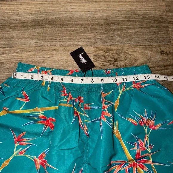 Stussy Mens Tropical Swim Trunks L Teal Birds of Paradise 5 Inseam